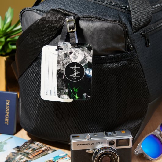 Witte kristallen in Zwarte ruimte Monogram Bagagelabel (Voorkant & Achterkant)