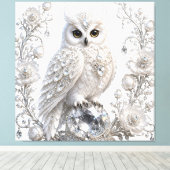Witte Kristallen Parel Uil Canvas Afdruk (Insitu (Houten vloer))