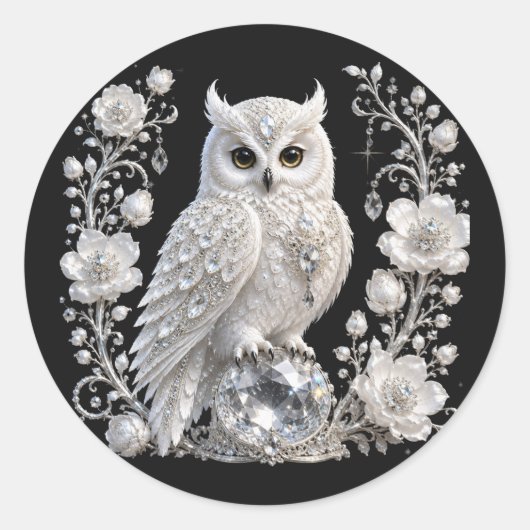 Witte Kristallen Parel Uil Ronde Sticker (Voorkant)