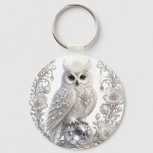 Witte Kristallen Parel Uil Sleutelhanger (Voorkant)