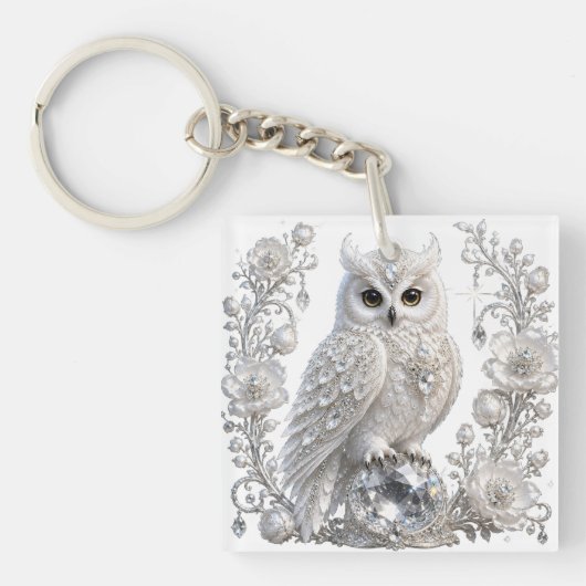 Witte Kristallen Parel Uil Sleutelhanger (voorkant)