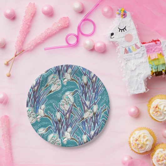 Witte Krokussen Lente Bloemen Patroon Blauwgroen Papieren Bordje (Feest)