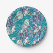 Witte Krokussen Lente Bloemen Patroon Blauwgroen Papieren Bordje (Voorkant)