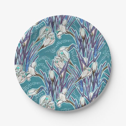 Witte Krokussen Lente Bloemen Patroon Blauwgroen Papieren Bordje (Voorkant)