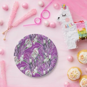 Witte Krokussen Lente Bloemen Patroon Paarse Papieren Bordje