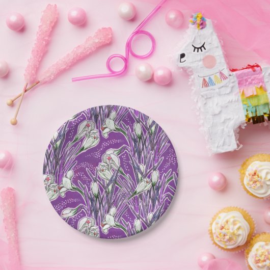 Witte Krokussen Lente Bloemen Patroon Paarse Papieren Bordje (Feest)