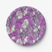 Witte Krokussen Lente Bloemen Patroon Paarse Papieren Bordje (Voorkant)