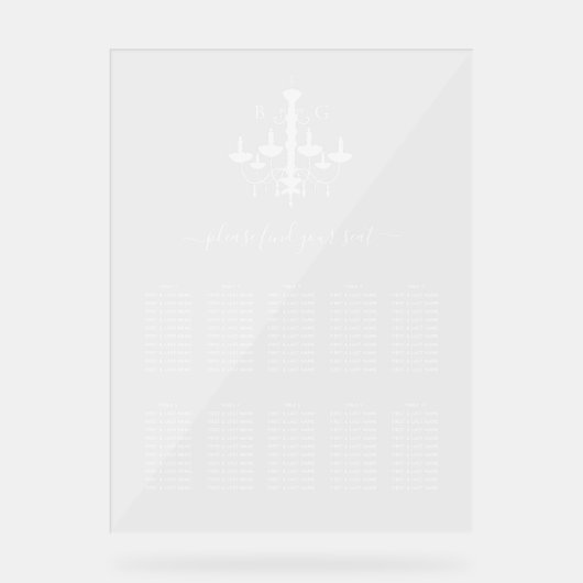 Witte kroonluchter bruiloft zitkaart acryl bord (Voorkant)