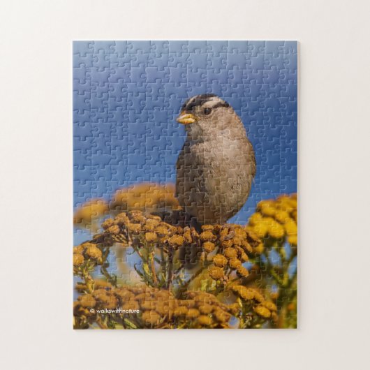Witte kruipen Sparrow die op de Tansy zit Legpuzzel (Verticaal)
