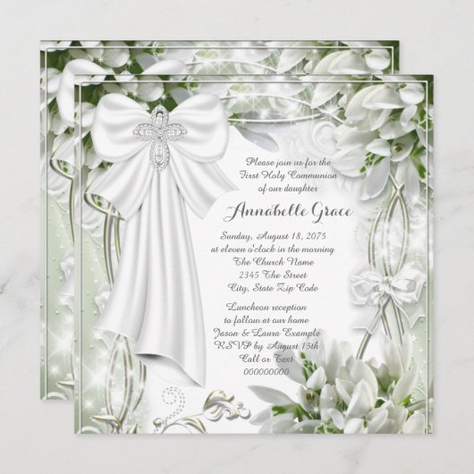 Witte Kruis Bloemen Eerste Communie Kaart (Voorkant / Achterkant)