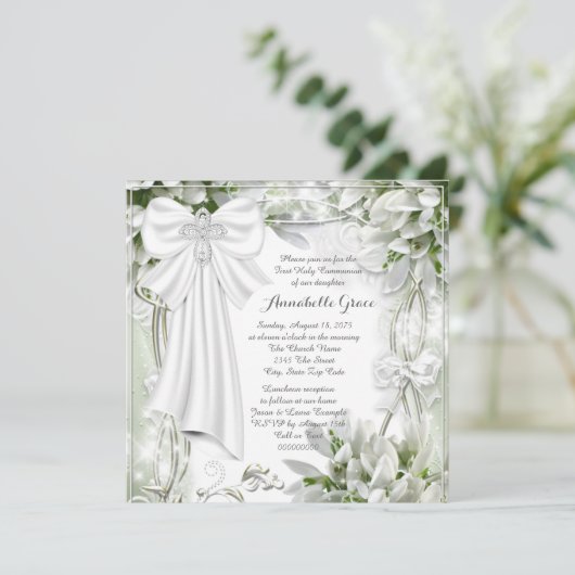 Witte Kruis Bloemen Eerste Communie Kaart (Staand voorkant)