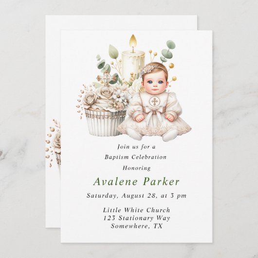 Witte Kruis Cupcake met Meisje Doop Kaart (Voorkant / Achterkant)