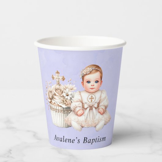 Witte Kruis Cupcake met Meisje Doop Papieren Bekers (Voorkant)