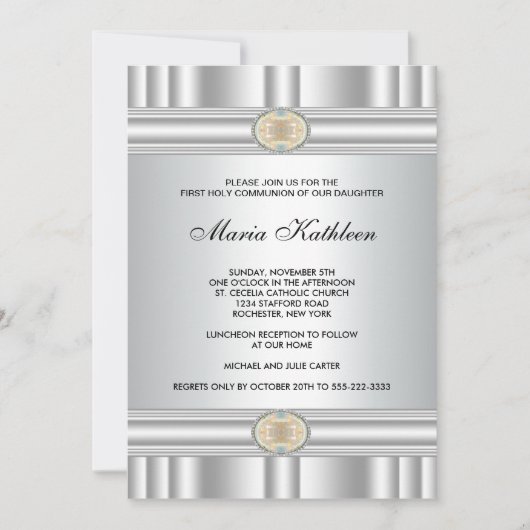 Witte Kruis Meisjes Elegant Goud Eerste Communie Kaart (Voorkant)