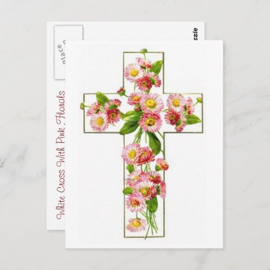 Witte kruis met roze Florals Briefkaart (Voorkant / Achterkant)