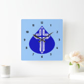 Witte kruis op blauw ontwerp vierkante klok (Huis)