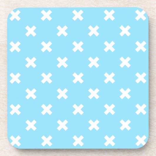 Witte kruisstiften op babyblauw bier onderzetter (Voorkant)