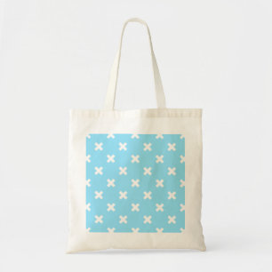 Witte kruisstiften op babyblauw tote bag