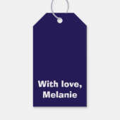 Witte kruisstiften op blauw van de marine cadeaulabel (Achterkant)