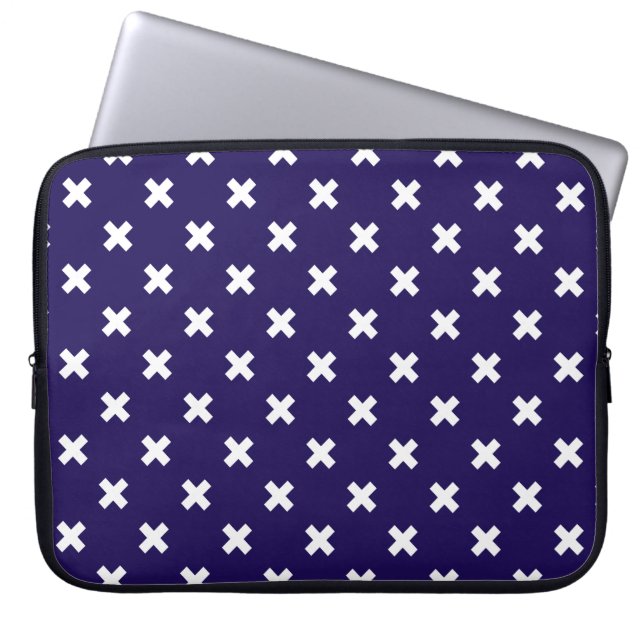 Witte kruisstiften op blauw van de marine laptop sleeve (Voorkant)
