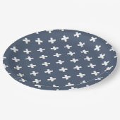 Witte kruisstiften op blauwe grijs papieren bordje (Gekanteld)