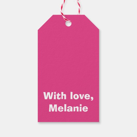 Witte kruisstiften op fuchsia cadeaulabel (Achterkant)