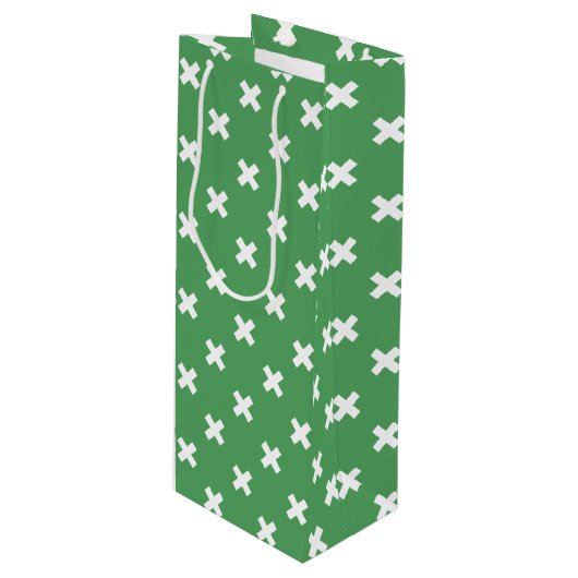 Witte kruisstiften op groen wijn cadeautas (Voorkant Gekanteld)