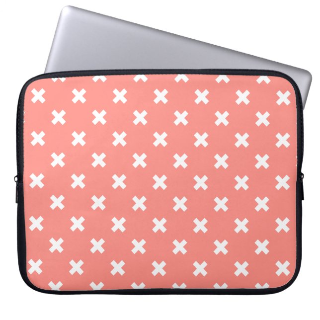 Witte kruisstiften op perziken laptop sleeve (Voorkant)