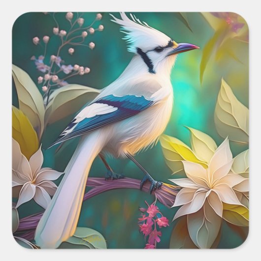 Witte Kuif Teal Wing Jay Fantasie Vogel Vierkante Sticker (Voorkant)