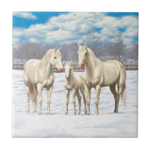 Witte kwartpaarden bij sneeuw tegeltje
