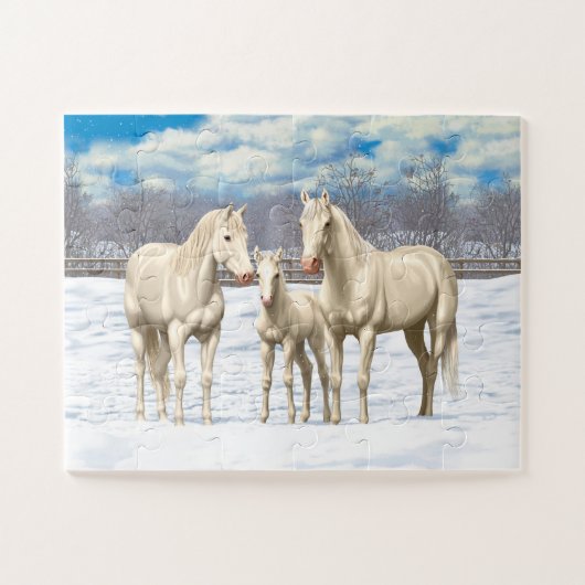 Witte kwartpaarden van Cremello in sneeuw Legpuzzel (Horizontaal)