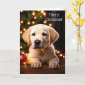 Witte Labrador Puppy Hond Kerst Kaart (Gele Bloem)