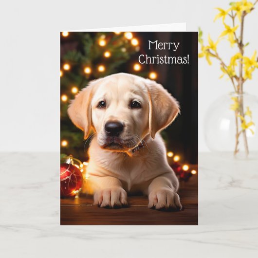 Witte Labrador Puppy Hond Kerst Kaart (Gele Bloem)