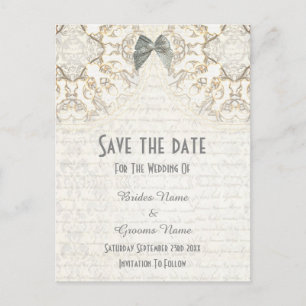 Witte lace filigree parchment save the date aankondigingskaart