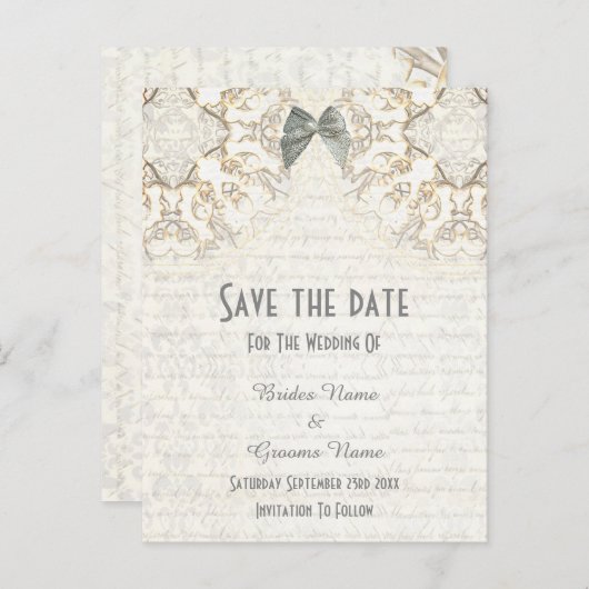 Witte lace filigree parchment save the date aankondigingskaart (Voorkant / Achterkant)