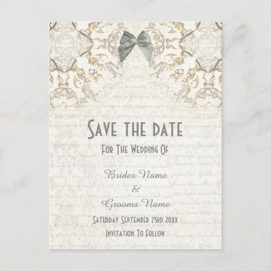 Witte lace filigree parchment save the date aankondigingskaart (Voorkant)