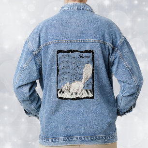 Witte Lachende Kat op Piano Keys Muzieknoten Lijst Denim Jacket