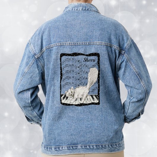 Witte Lachende Kat op Piano Keys Muzieknoten Lijst Denim Jacket