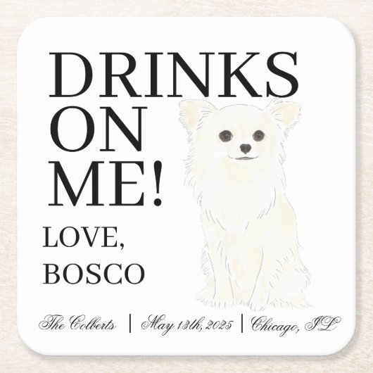 Witte langharige Chihuahua bruiloft Kartonnen Onderzetters (Voorkant)