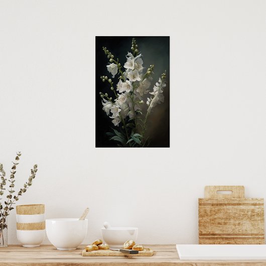 Witte Larkspur Bloemenkunst Print Poster (Keuken)