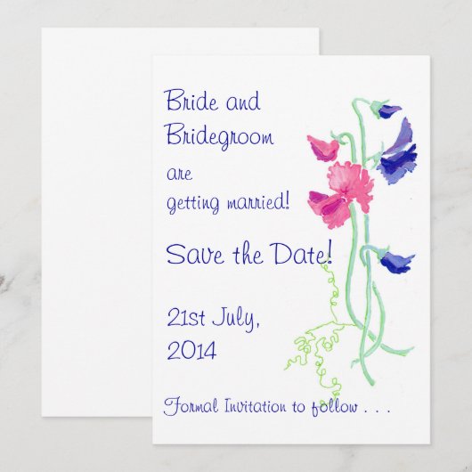 Witte Lathyrus Roze en Blauwe 'Save the Date' Kaar Save The Date (Voorkant / Achterkant)