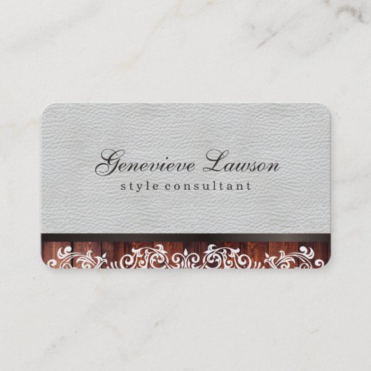 Witte leder Rustisch hout en elegante tekst Visitekaartje (Voorkant)