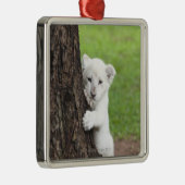 Witte leeuwenkub verschuilt zich achter een boom. metalen ornament (Rechts)