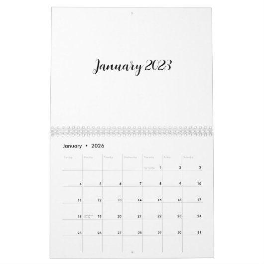 Witte lege kalender 2023 met scripttekst (Jan 2026)