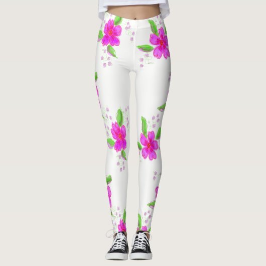 Witte Leggings met roze bloemenprint (Voorkant)