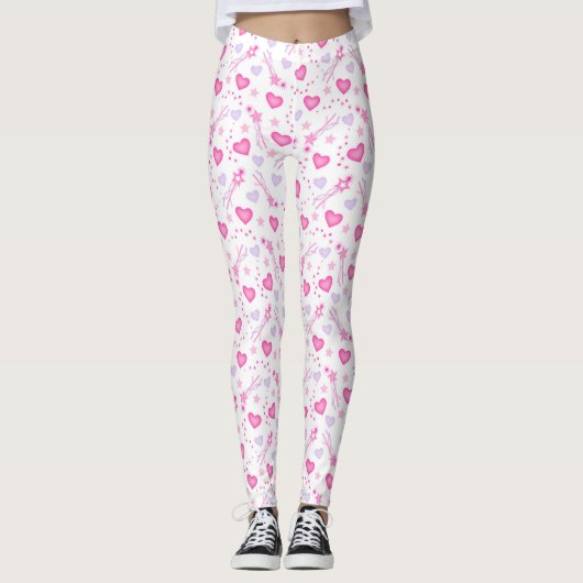 Witte Leggings voor vrouwen met roze, Paarse harte (Voorkant)