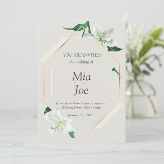 Witte lelie bloem en geometrische bruiloft uitnodi save the date (Staand voorkant)