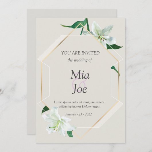 Witte lelie bloem en geometrische bruiloft uitnodi save the date (Voorkant / Achterkant)