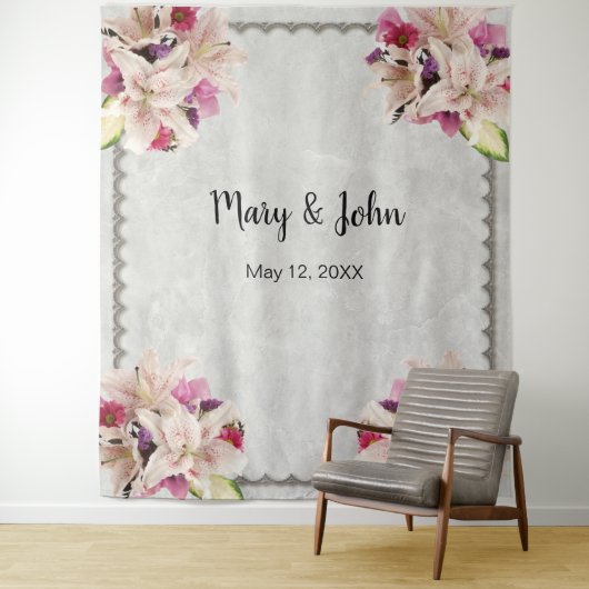 Witte lelie bloem marmeren huwelijks achtergrond wandkleed (In situ)