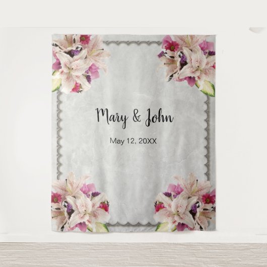 Witte lelie bloem marmeren huwelijks achtergrond wandkleed (Voorkant)